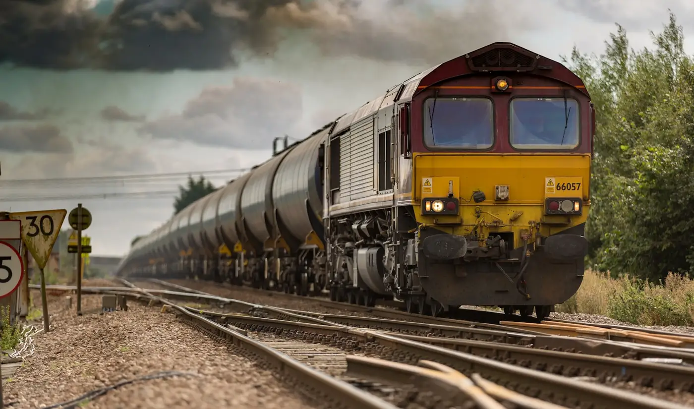 Gelb-blaue Diesellokomotive mit Güterwagen auf einem Gleis vor bewölktem Himmel